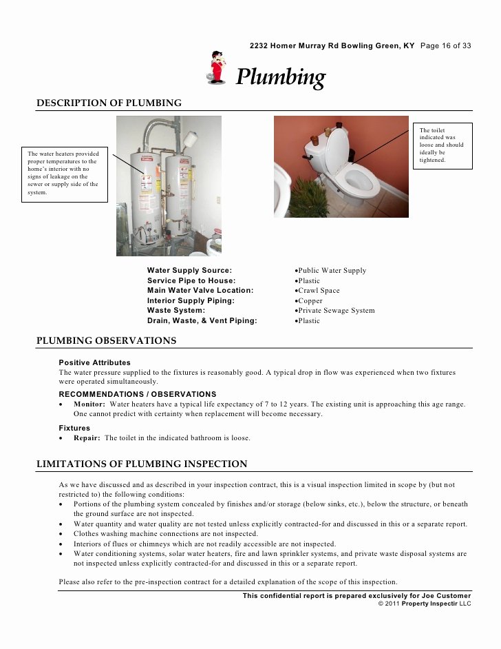 Plumbing Inspection Report Template Lovely Residential Home Inspection Sample Report