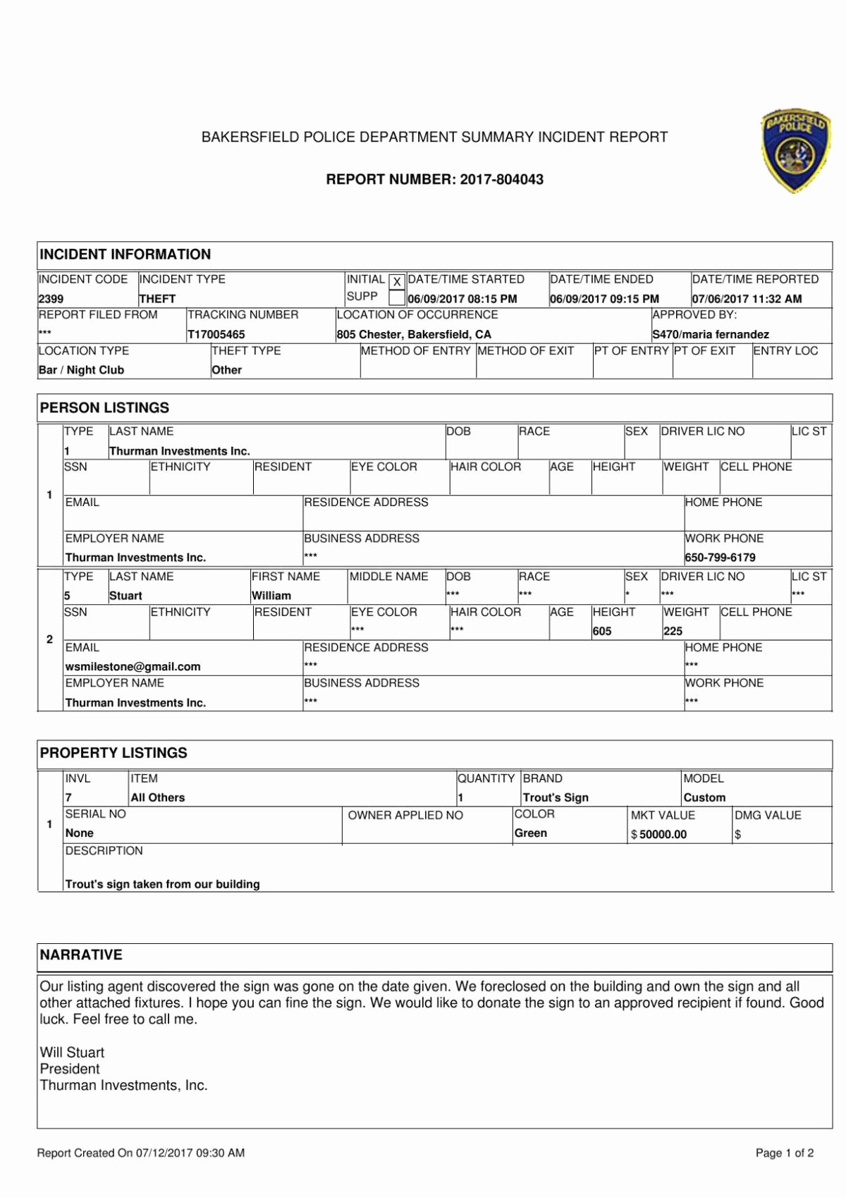 Police Report Samples Lovely Bakersfield Police Department Incident Report