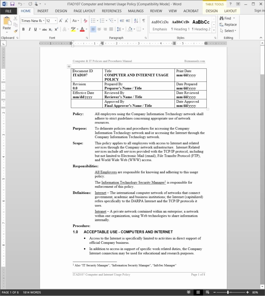 Policy and Procedure Template Beautiful Pany Internet Usage Policy