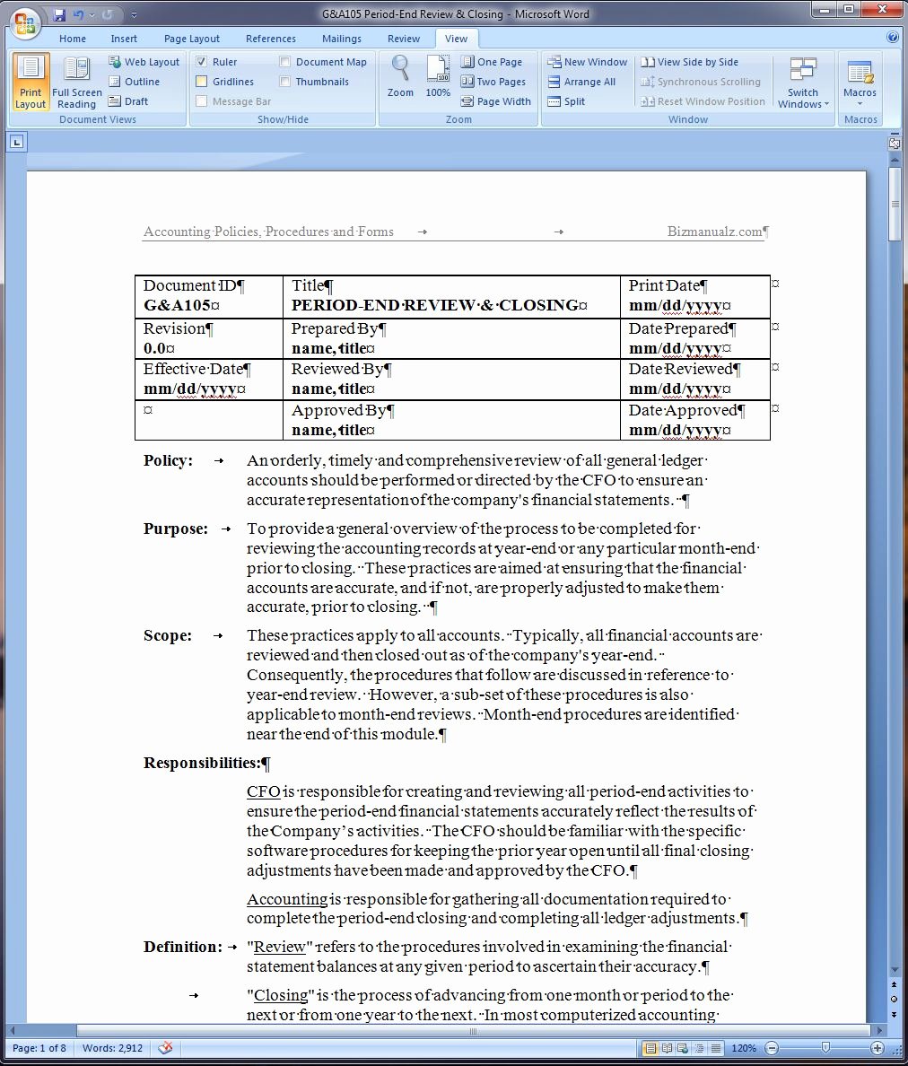 Policy and Procedure Template Best Of Period End Review and Closing Policy and Procedure Word
