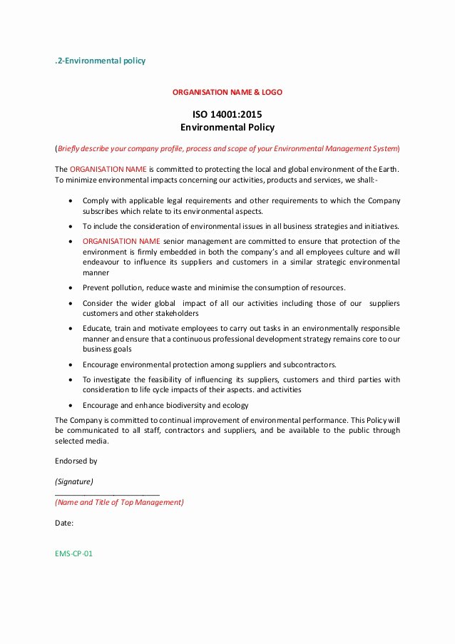 Policy Letter Template Awesome iso 2015 Policy Statement Example