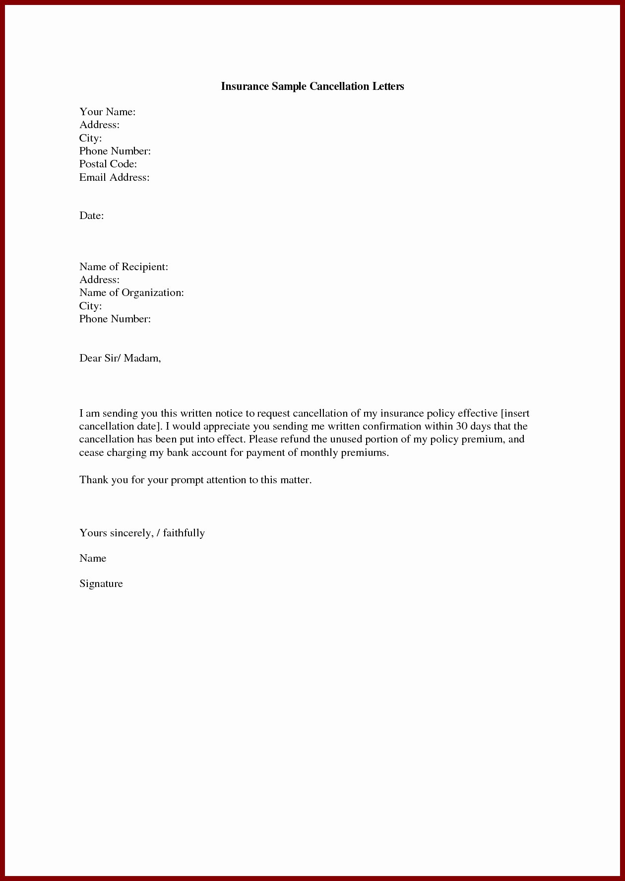 Policy Letter Template New Insurance Cancellation Letter Template Sample
