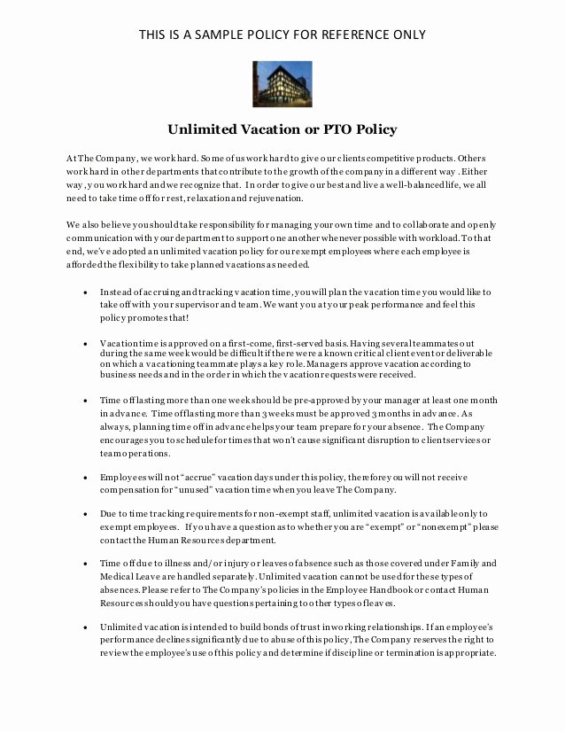 Policy Letter Template Unique Unlimited Vacation Policy Pto Policy Sample for