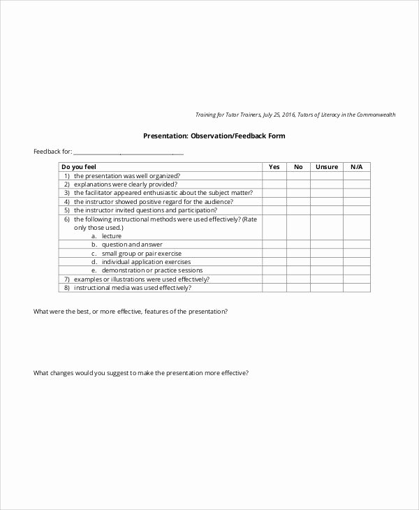 Presentation Feedback form Template Inspirational 10 Sample Presentation Feedback forms