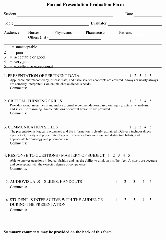 Presentation Feedback form Template Inspirational 5 Presentation Evaluation form Templates and Examples