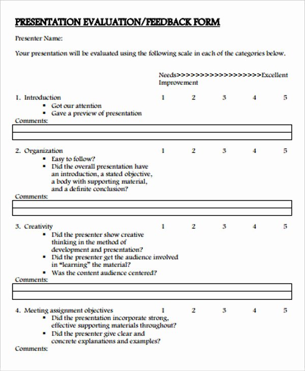 Presentation Feedback form Template Inspirational Sample Presentation Evaluation form 9 Examples In Word Pdf