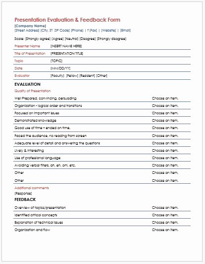 Presentation Feedback form Template Unique Presentation Evaluation &amp; Feedback forms for Ms Word