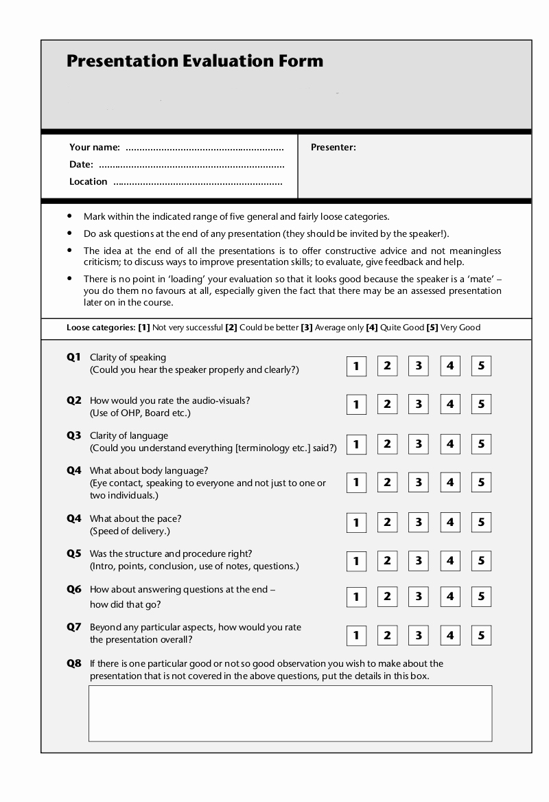 Presentation Feedback forms Beautiful Presentation Evaluation form Presentation Evaluation