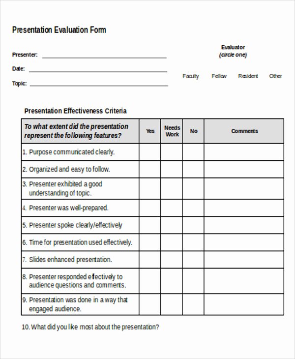 Presentation Feedback forms Elegant Sample Presentation Evaluation form In Doc 9 Examples
