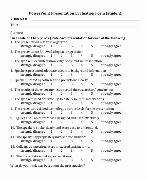 Presentation Feedback forms Inspirational Student Evaluation form Template