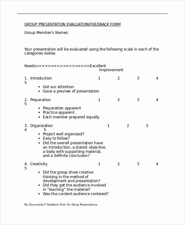 Presentation Feedback forms Lovely Presentation Feedback form