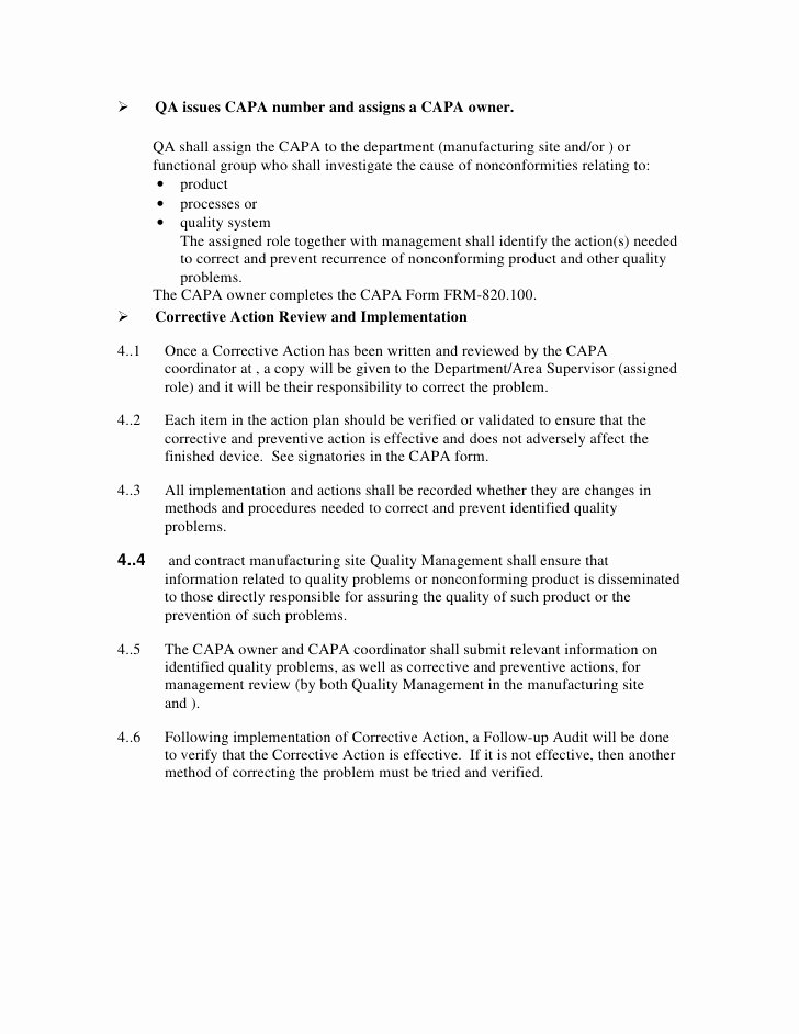 Preventive Action form Inspirational sop 820 Capa Procedure Corrective Preventive Action Med Dev