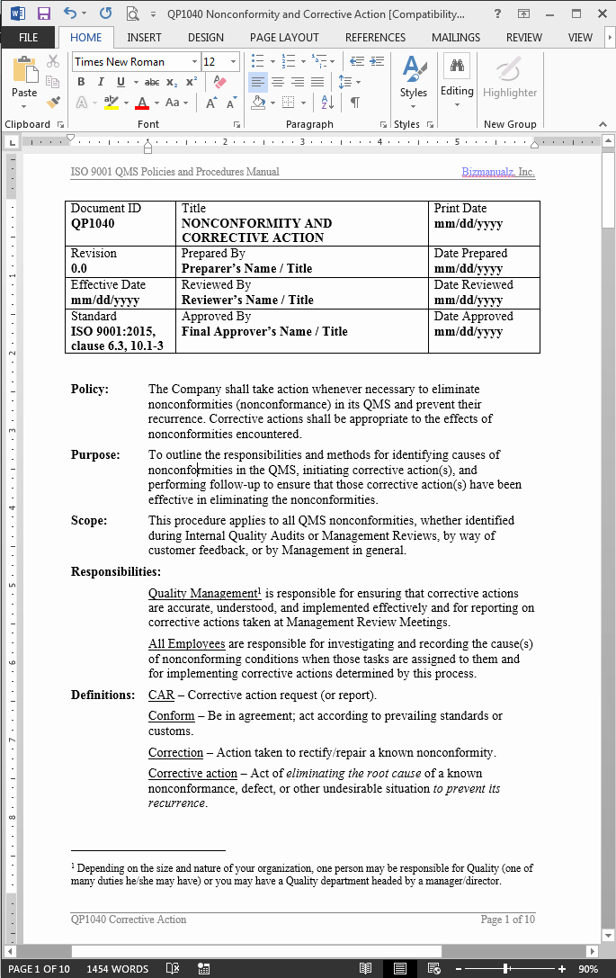 Preventive Action form New Nonconformity Corrective Action Procedure iso 9901 2015