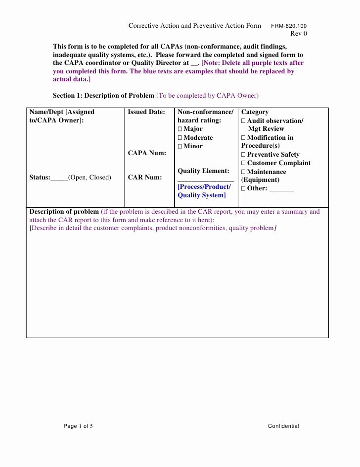 Preventive Action form Unique Frm 820 Capa Corrective Preventive Action Med Dev form