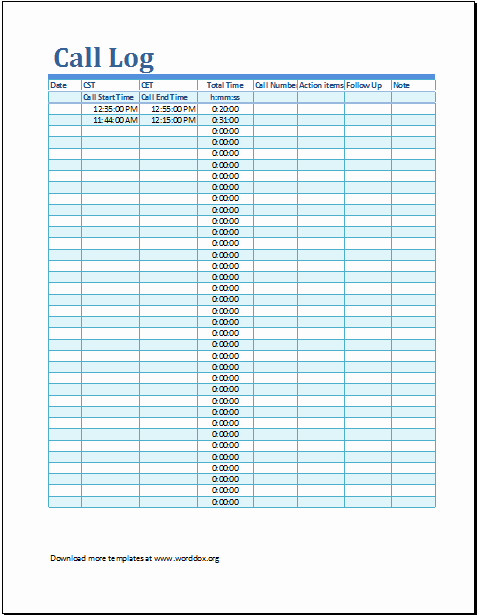 Printable Call Log Template Fresh Ms Excel Call Log Template