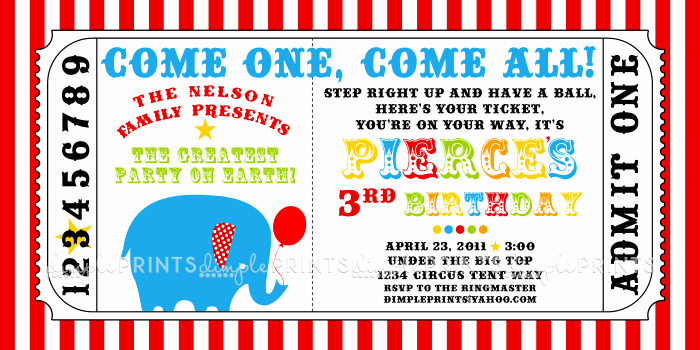 Printable Carnival Birthday Invitations Beautiful Circus Carnival Ticket Printable Invite Dimple Prints Shop