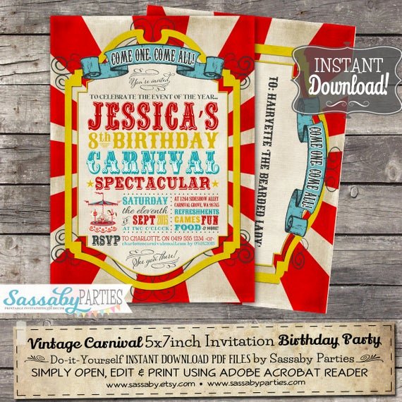 Printable Carnival Birthday Invitations Elegant Vintage Carnival Invitation Instant Download Partially