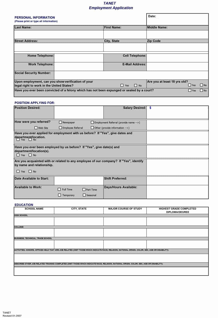 Printable Employment Application Template Fresh 50 Free Employment Job Application form Templates