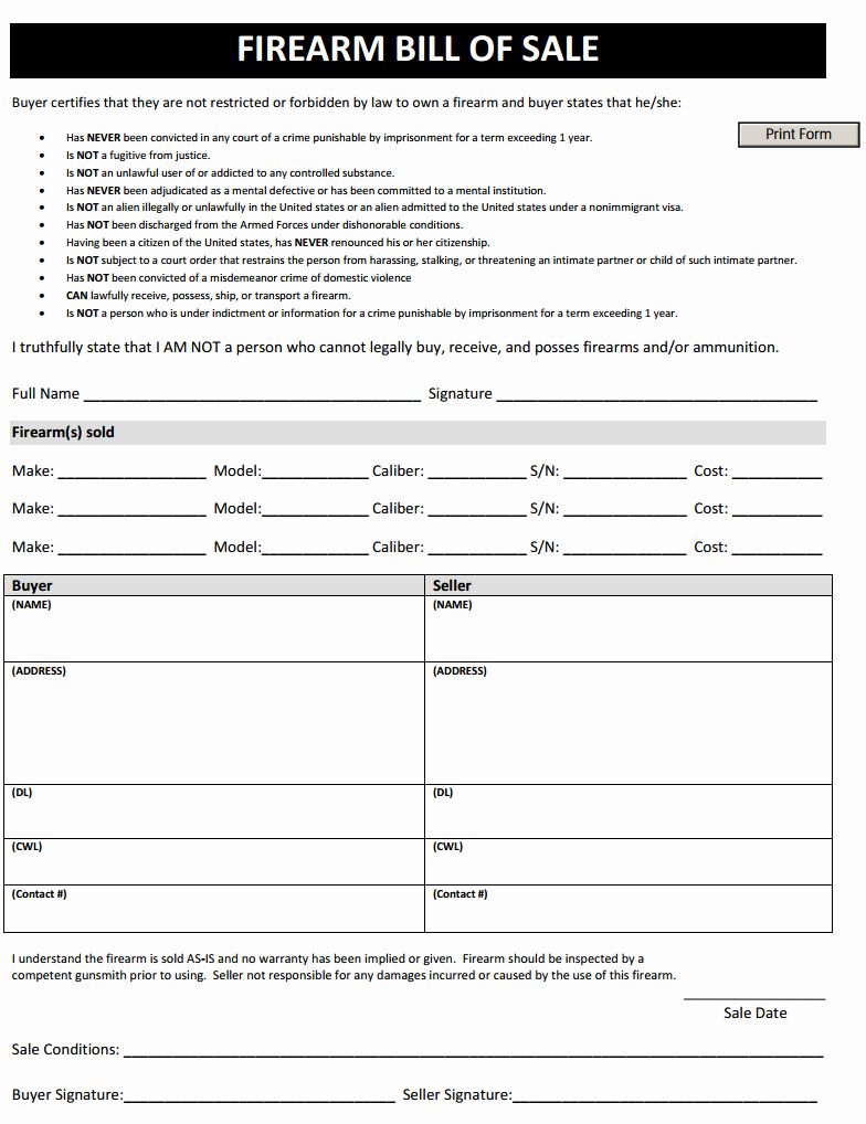 Printable Firearms Bill Of Sale Awesome Free Firearm Bill Of Sale form Download Pdf