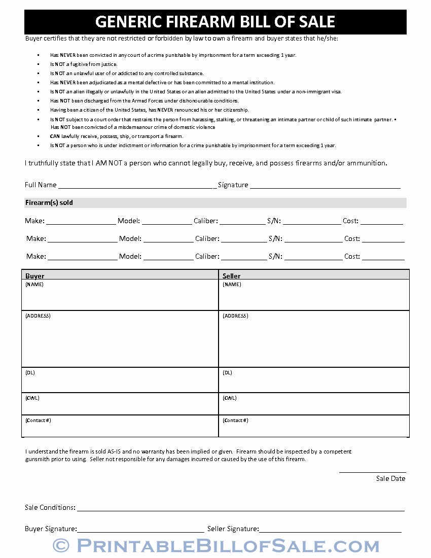 Printable Firearms Bill Of Sale Beautiful Free Generic Firearm Bill Of Sale form