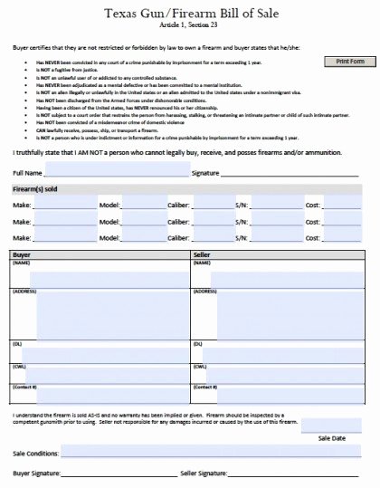 Printable Firearms Bill Of Sale Beautiful Free Texas Gun Firearm Bill Of Sale form Pdf