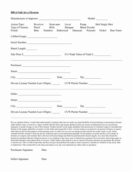 Printable Firearms Bill Of Sale Best Of Standard Bill Of Sale form