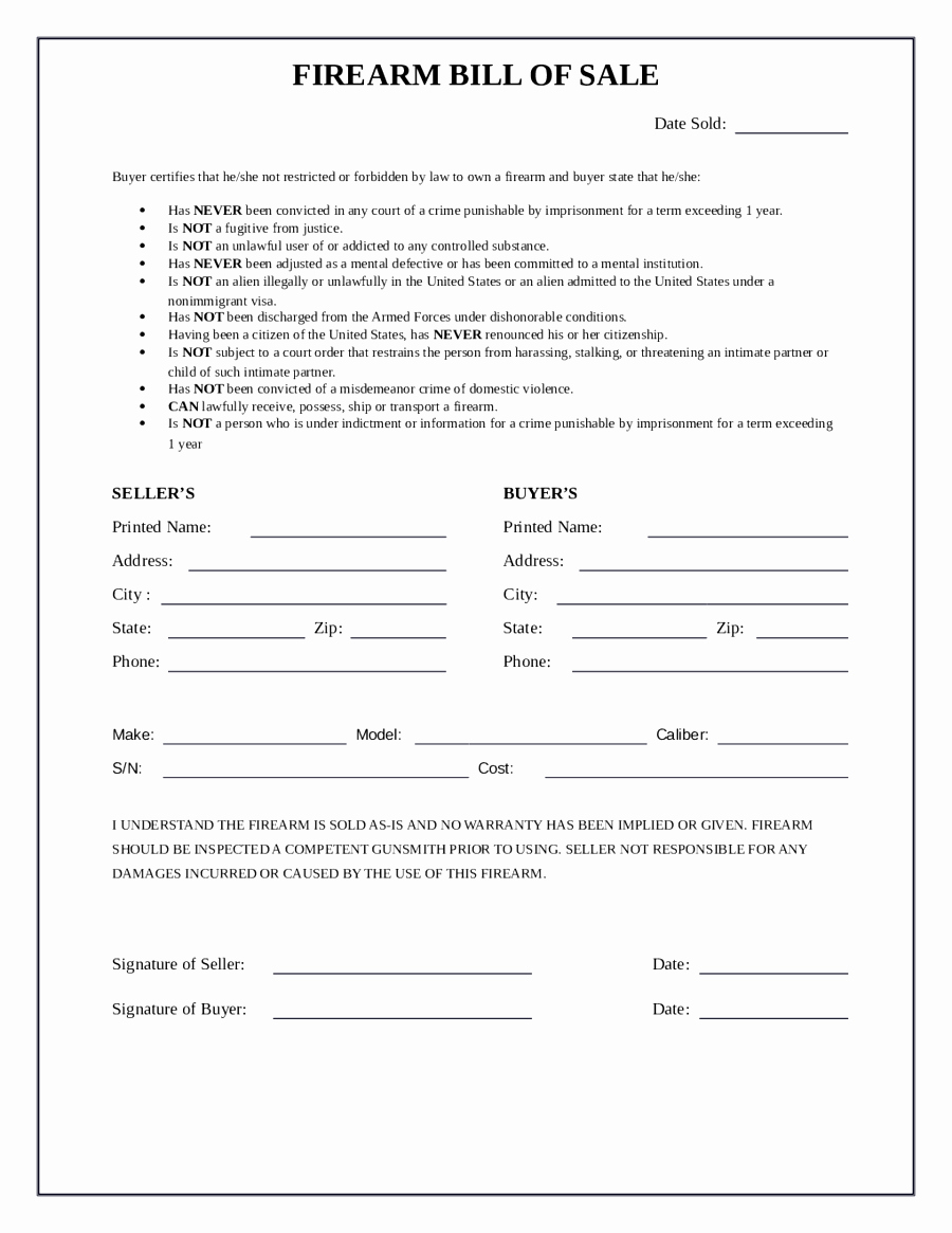 Printable Firearms Bill Of Sale New Bill Of Sale form for