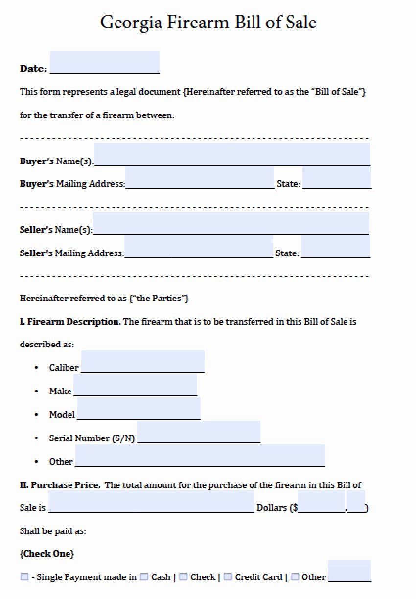Printable Firearms Bill Of Sale Unique Free Georgia Firearm Gun Bill Of Sale form Pdf