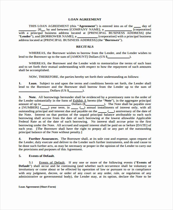 Printable Loan Agreement Inspirational Loan Agreement form Template