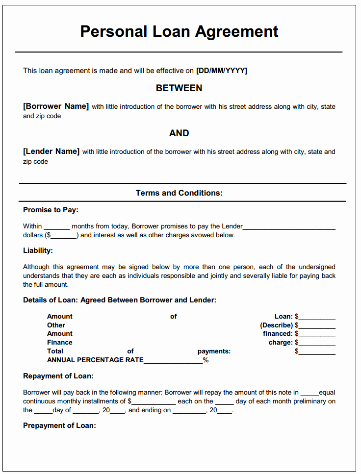 Printable Loan Agreement Lovely Personal Loan Agreement