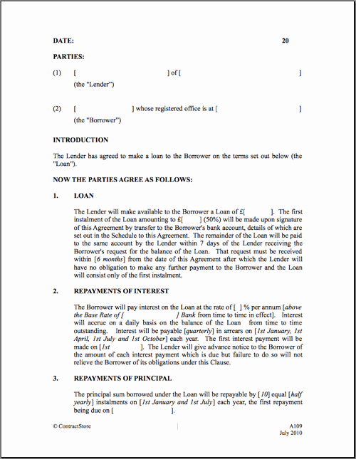 Printable Loan Agreement New Printable Sample Loan Contract Template form