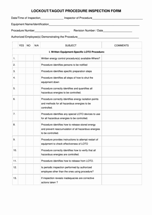 Printable Lock Out Tag Out Tags Awesome Lockout Tagout Procedure Inspection form Printable Pdf