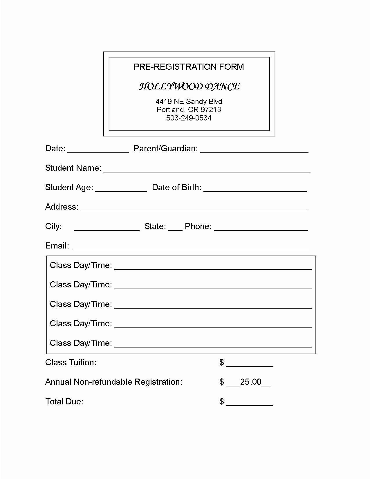 Printable Registration form Template Beautiful Hollywood Dance Studio