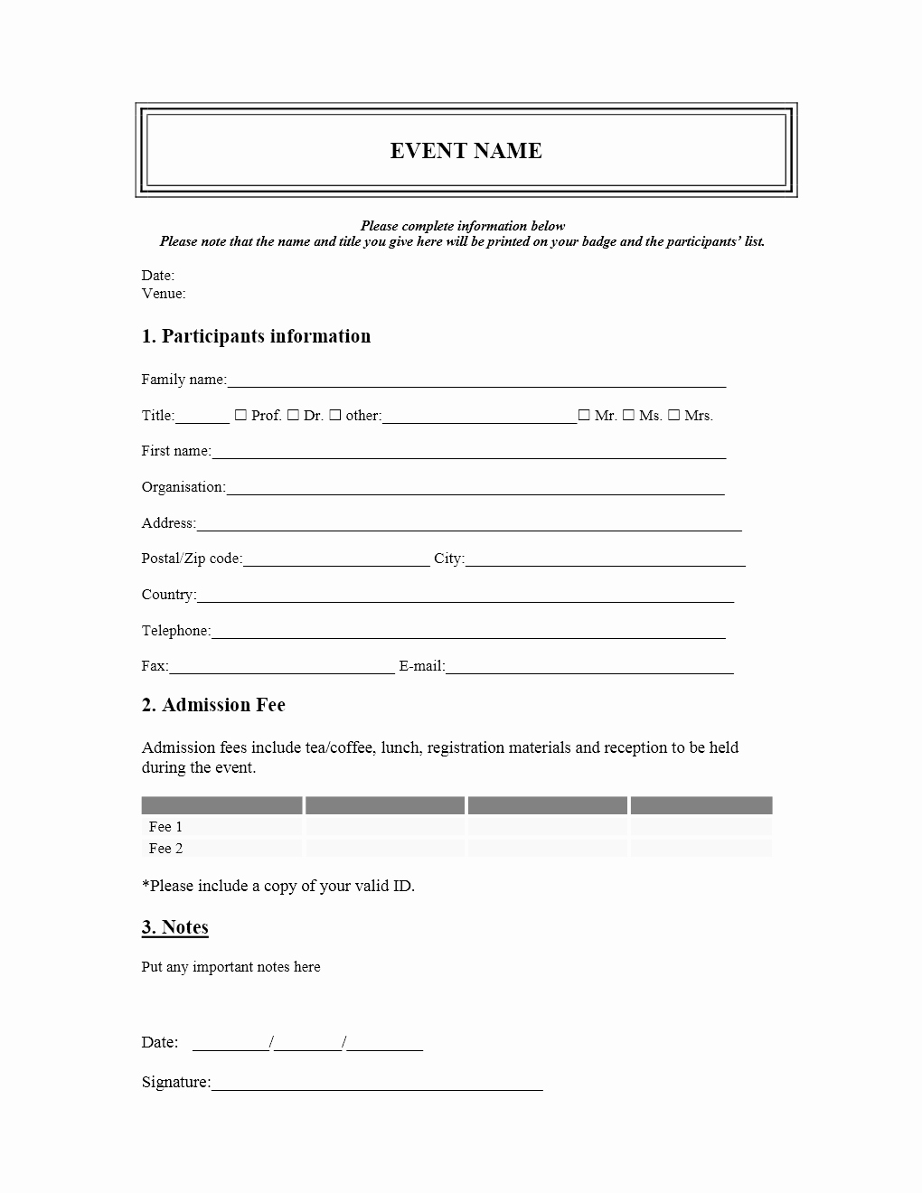 Printable Registration form Template Lovely event Registration form