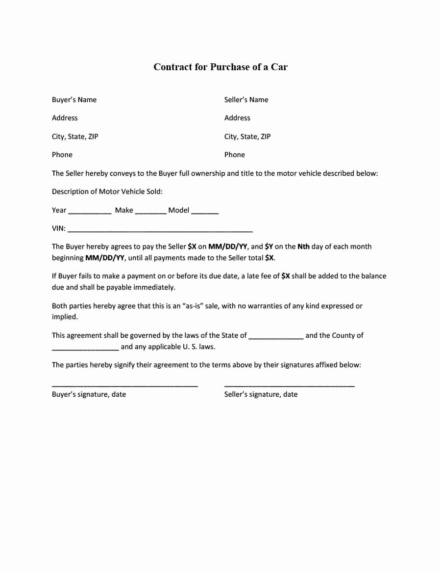 Private Sale Car Payment Agreement New 42 Printable Vehicle Purchase Agreement Templates