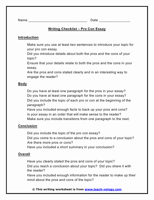 Pro Con Essay Outline Awesome Pro Con Essay Writing Checklist