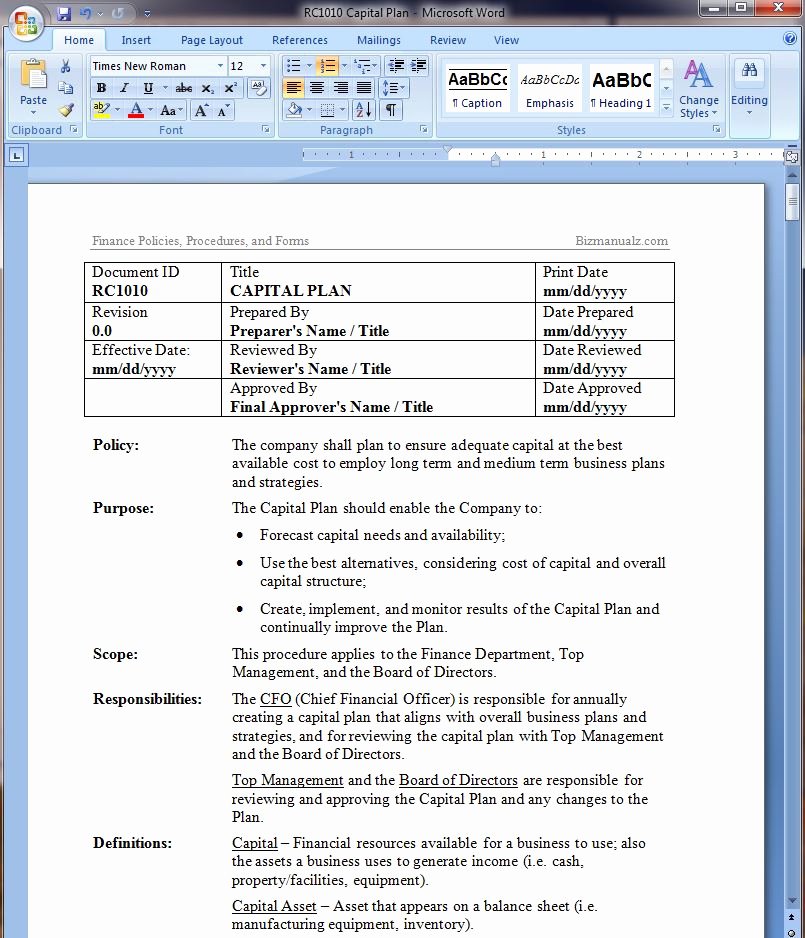 Procedure Templates Word Lovely Capital Planning Policy Template
