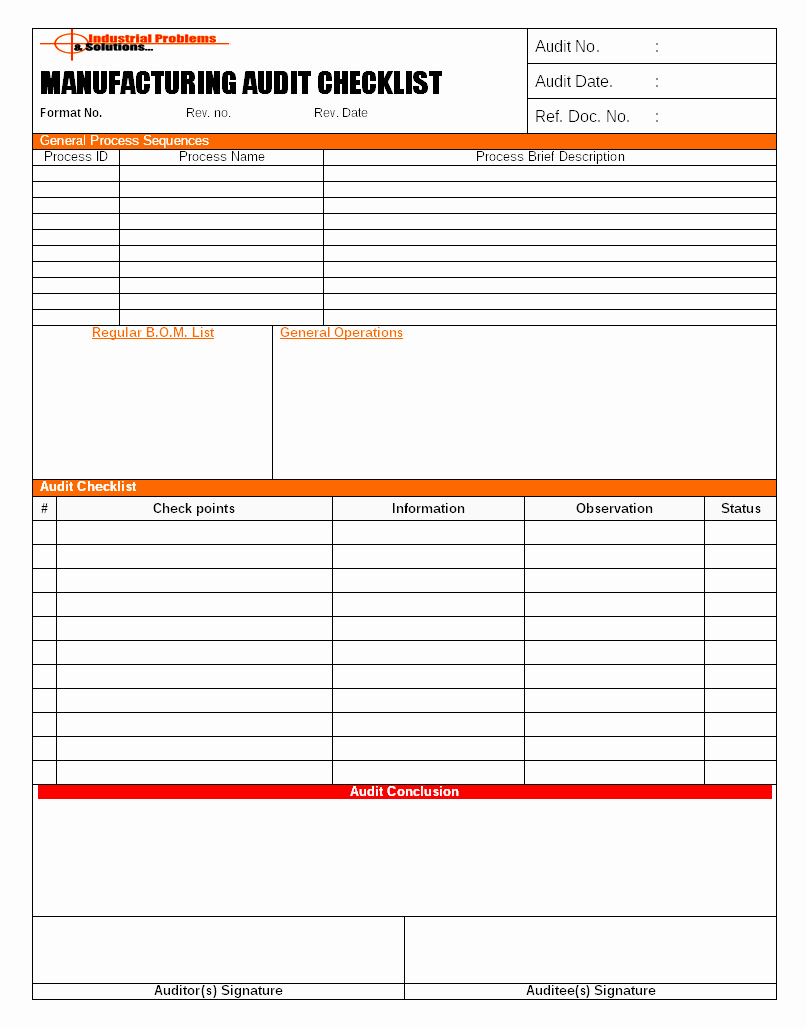 Process Audit Template Inspirational Manufacturing Product and Process Audit Documentation