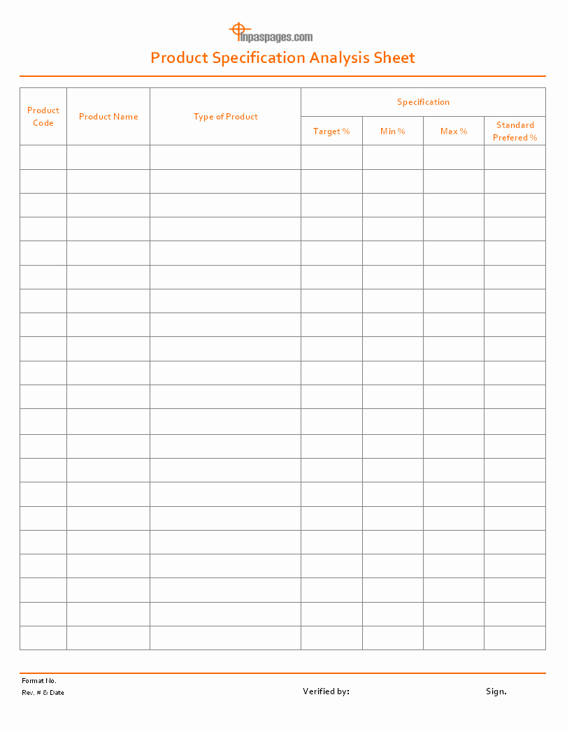 Product Spec Sheet Template Fresh Product Specification Analysis Sheet format