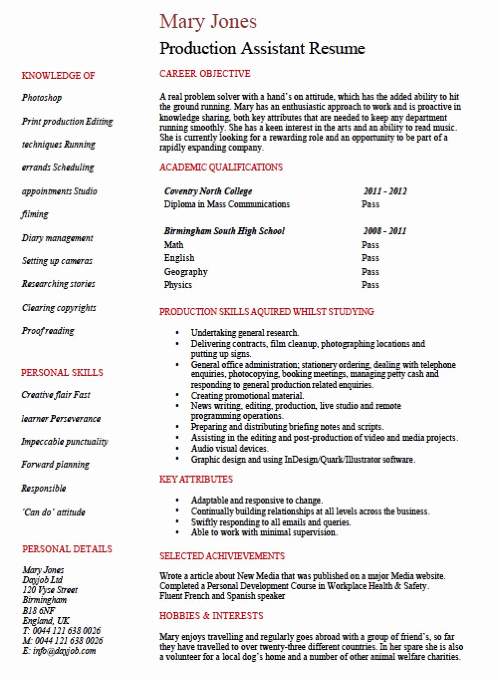 Production assistant Resume Examples Awesome Free Entry Level Production assistant Resume Template