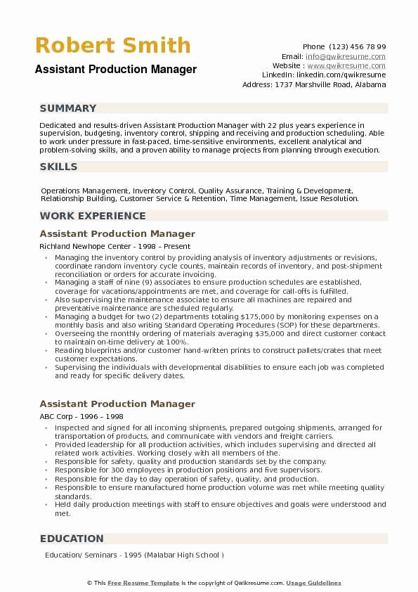 Production assistant Resume Examples Fresh assistant Production Manager Resume Samples