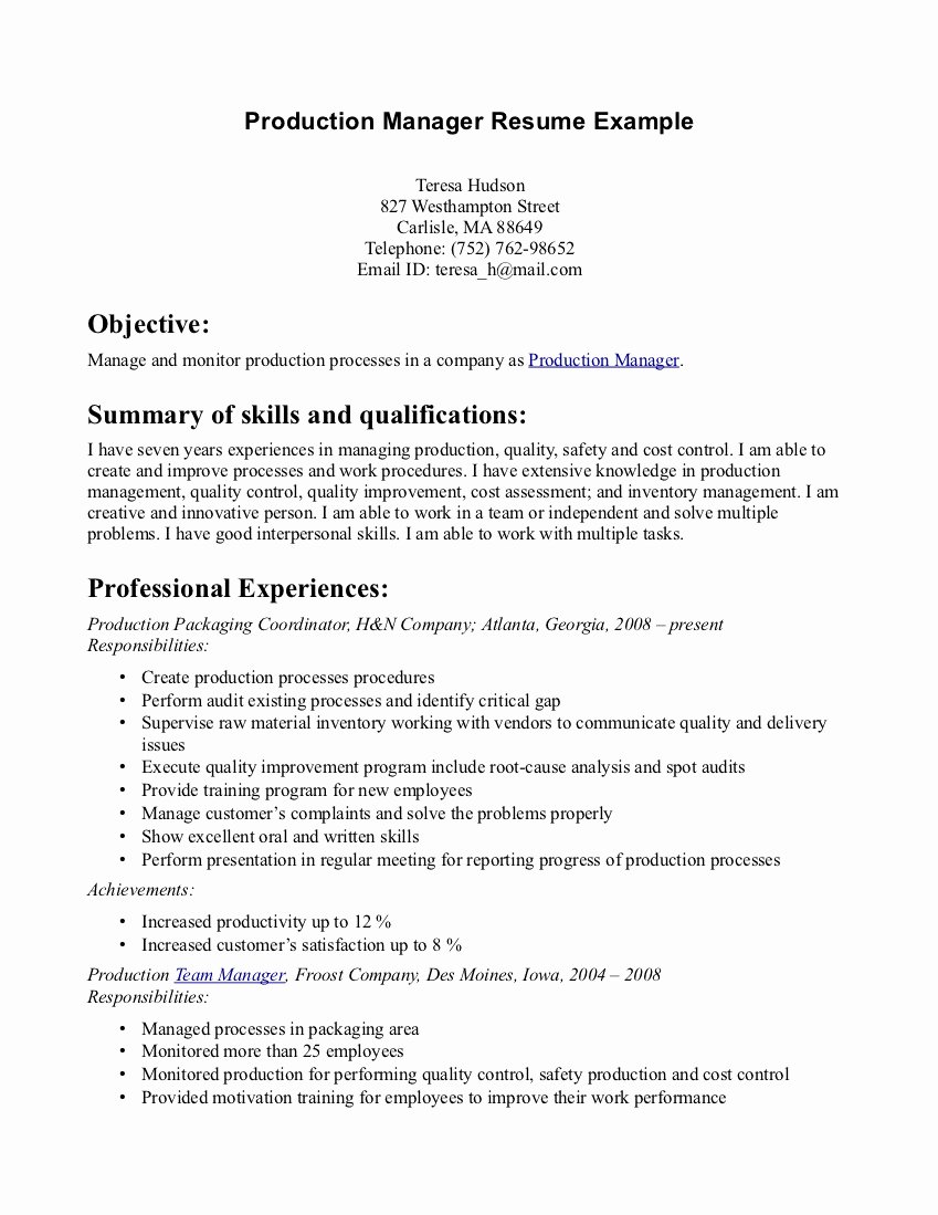 Production assistant Resume Examples Lovely Production Manager Resume