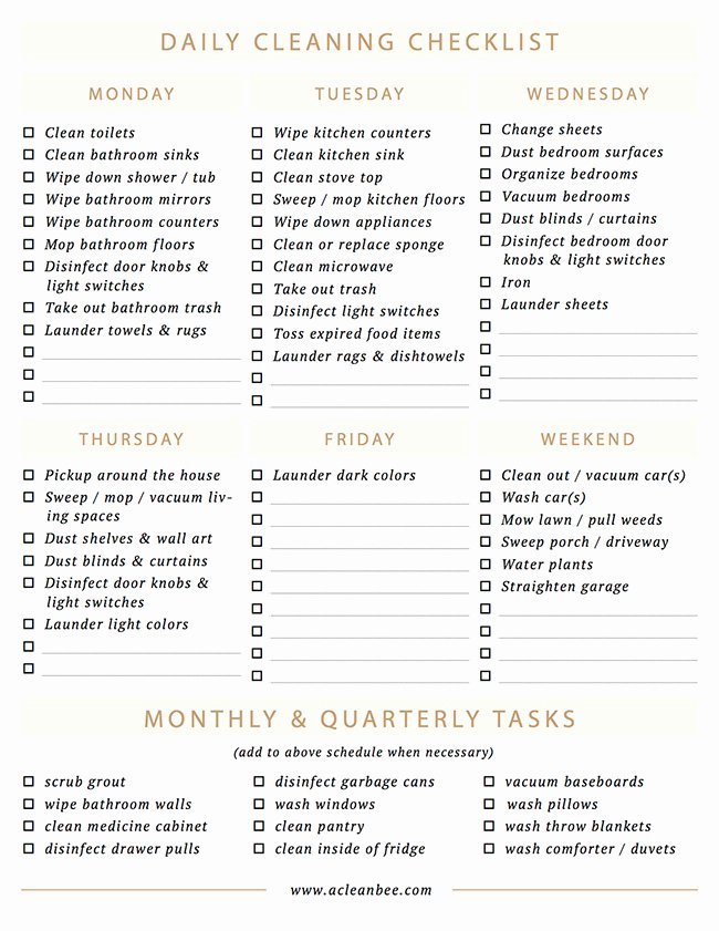 Professional House Cleaning Checklist Printable Fresh Daily Cleaning Checklist Free Pdf Download A Clean Bee