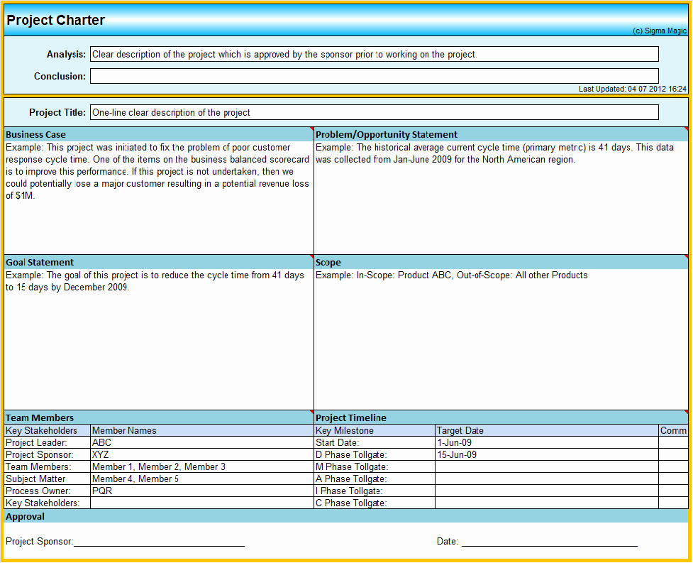 Project Charter Template Excel Elegant Project Management Charter Template Six Sigma Project