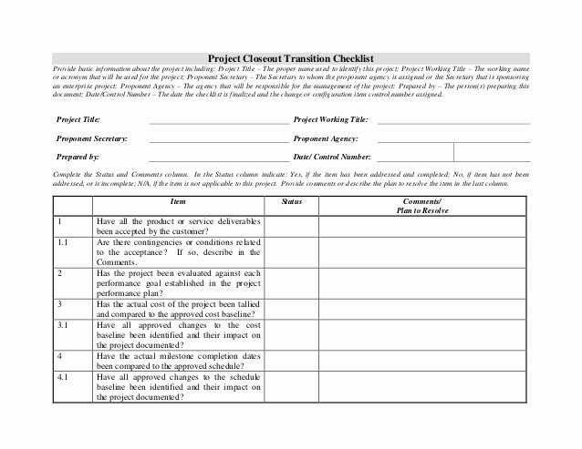 Project Closeout Report Template Lovely Project Closeout Transition Checklist