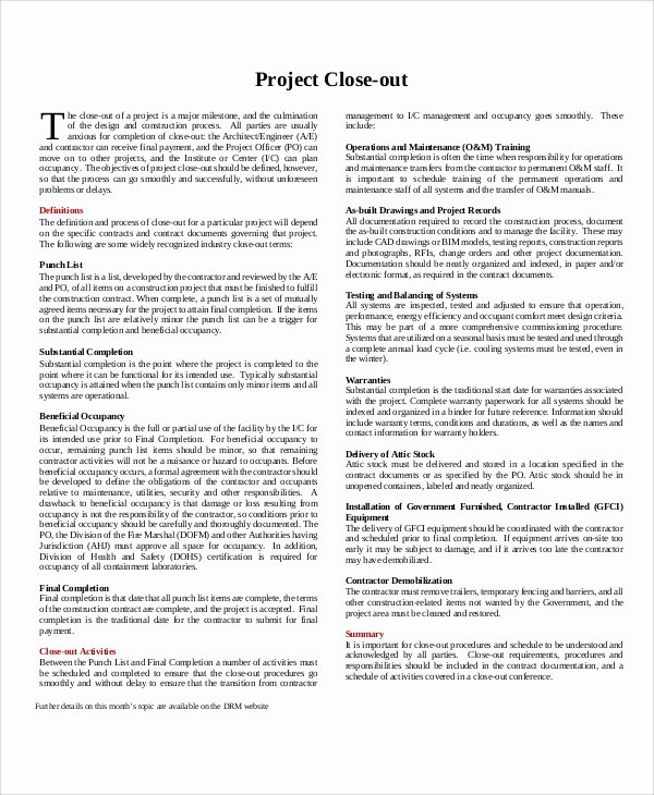 Project Closeout Report Template Luxury Sample Project Closeout 7 Documents In Pdf Word