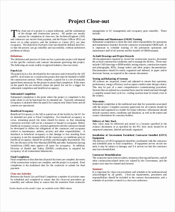 Project Closeout Report Template Luxury Sample Project Closeout 7 Documents In Pdf Word