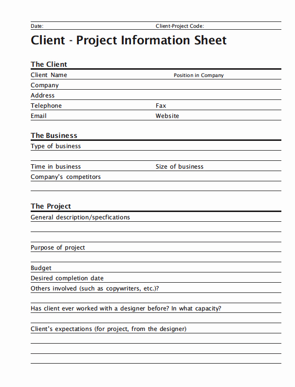 Project Data Sheet Template Best Of Client Project Information Sheet Access at