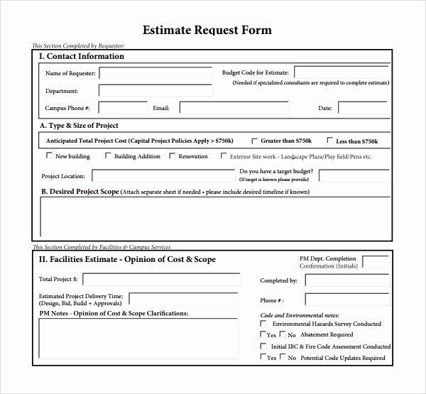 Project Request form Template Awesome 9 Sample Estimate Templates