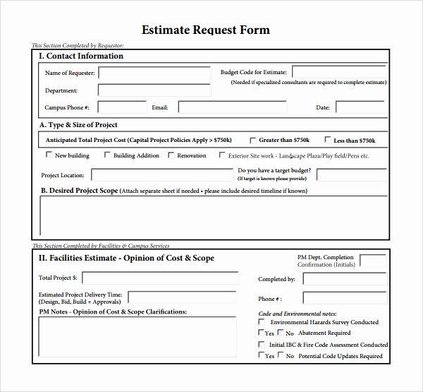 Project Request form Template Awesome 9 Sample Estimate Templates